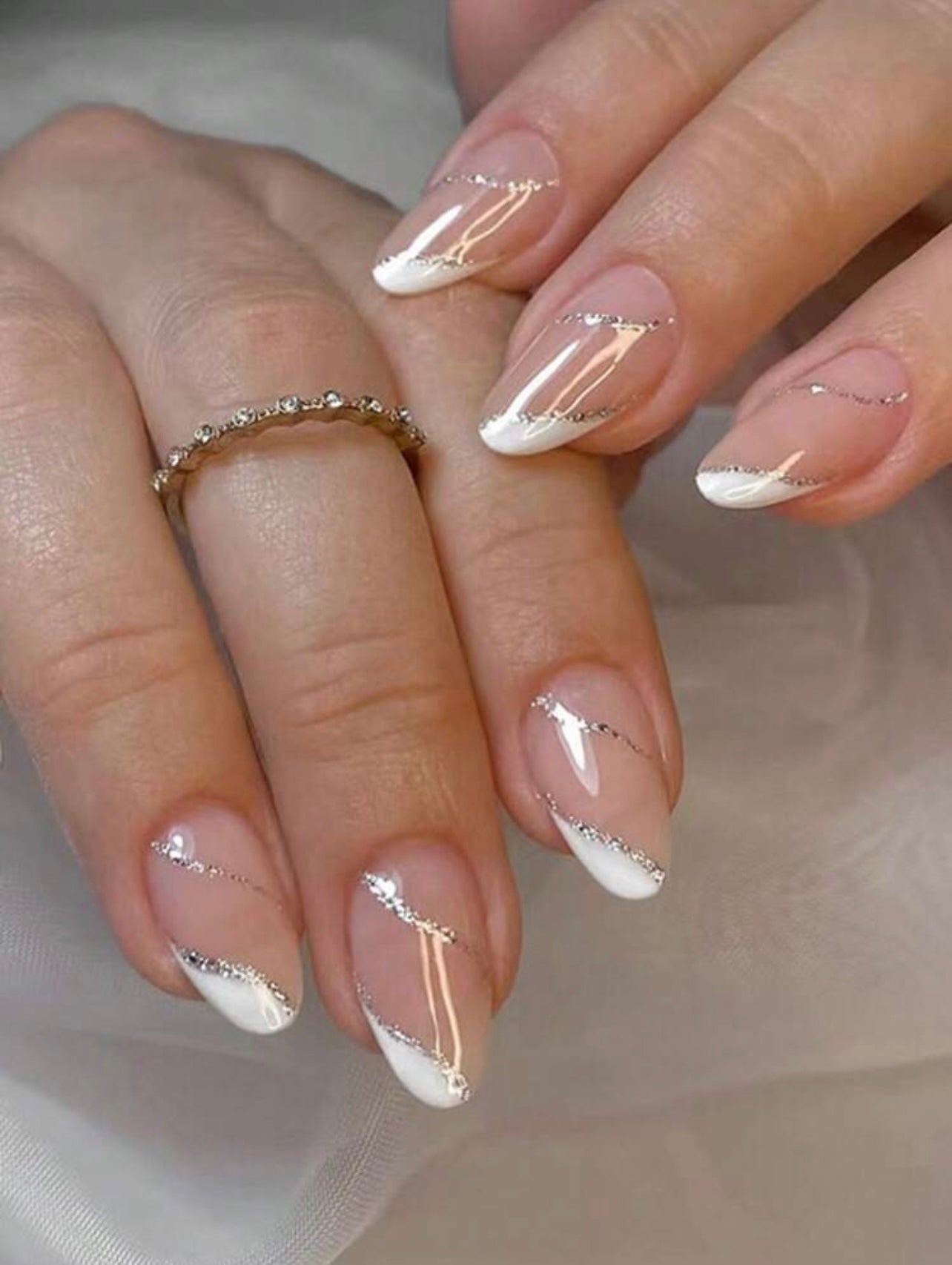 Almond Shaped French Style Glitter Lines Press on Nails