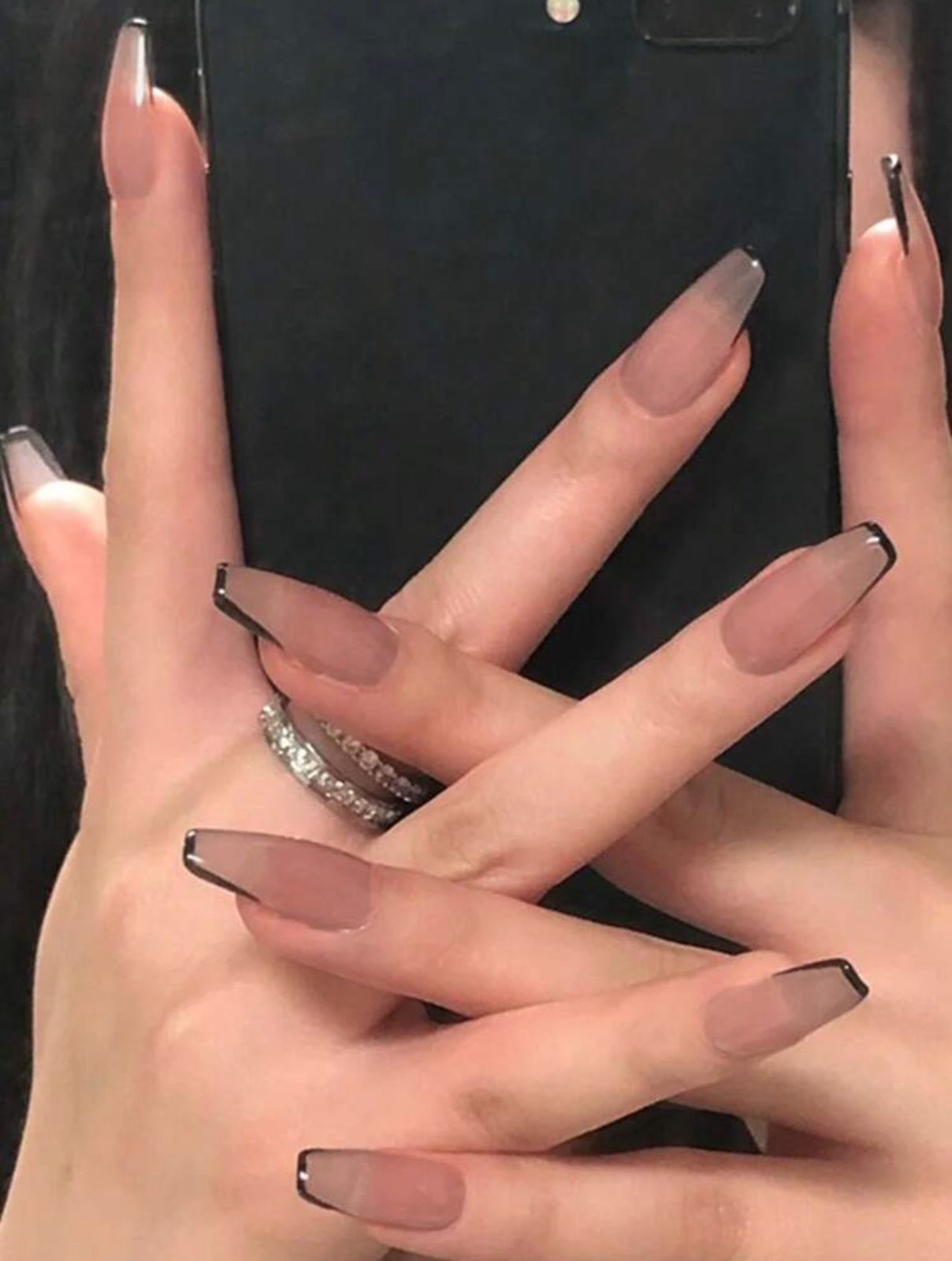 Chic French Long Coffin Ombre Black Tip Press on Nails