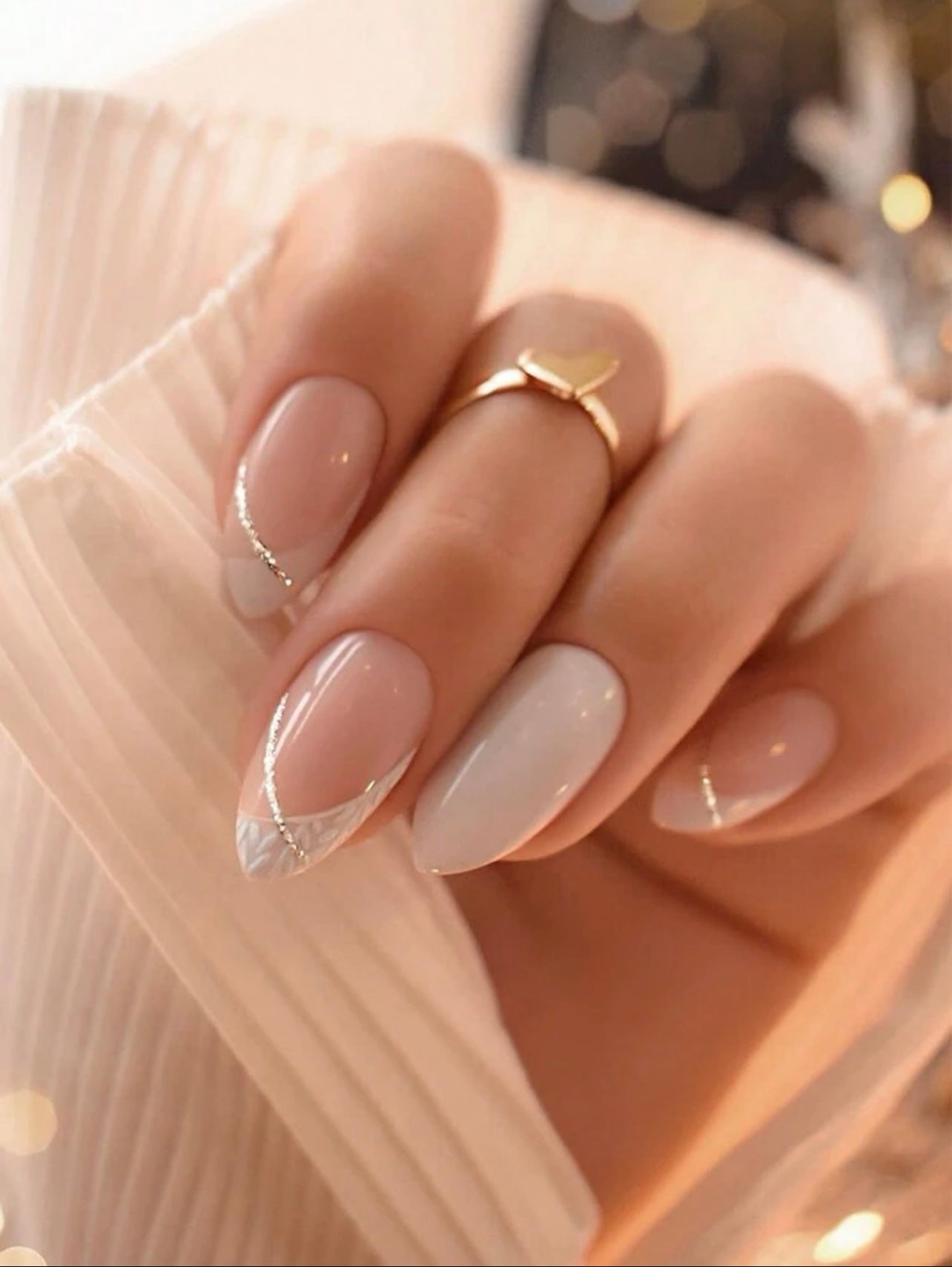 Glossy Almond Shaped Press On Nails With White French Edges And Gold Stripe